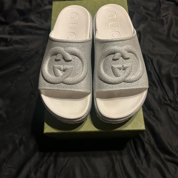 Gucci Silver Slide Sandals - Picture 1 of 5